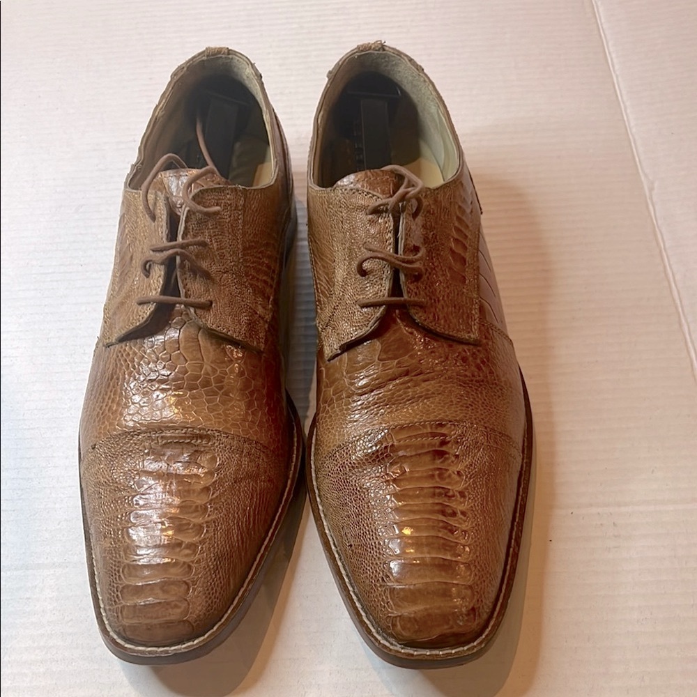 DAVID EDEN Brown Textured Ostrich Leather Derby Shoes with Brogue Detailing